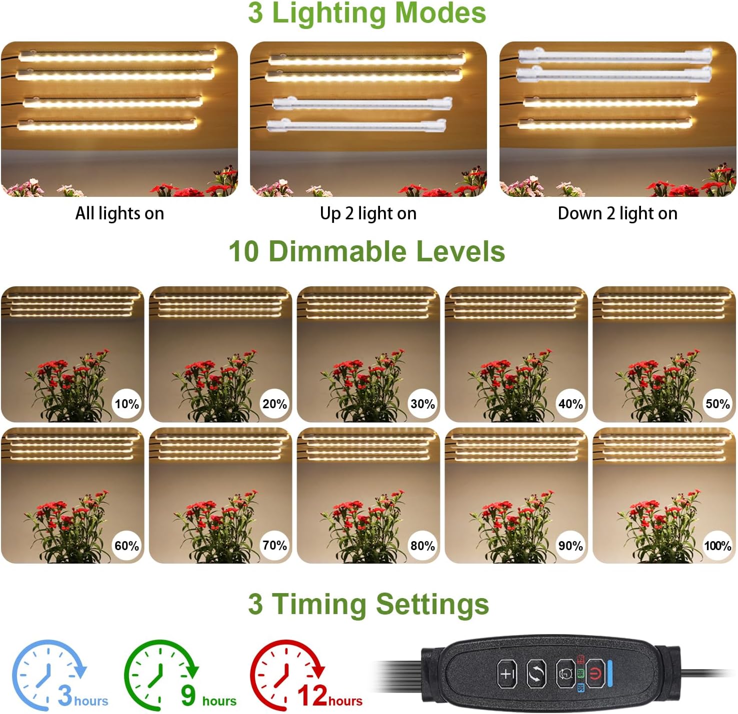 8.6'' LED Grow Light Strips, Full Spectrum 3500K Grow Lights for Indoor Plants, 4 Head with 3/9/12H Timer, 10 Dimmable Levels, Suitable for Seedling, Succulent, Plant Shelf and Greenhouse, 2-Pack