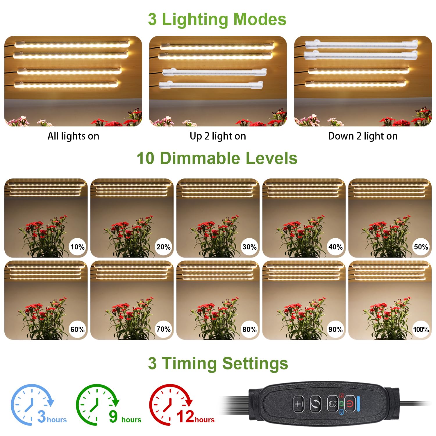 Tiras de luz LED de crecimiento de 8.6 pulgadas, espectro completo de 3500 K, luces de crecimiento para plantas de interior, 4 cabezales con temporizador de 3/9/12 horas, 10 niveles regulables