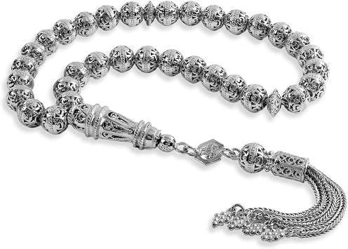 FILIGRANIST Gold Plated 925 Sterling Silver Filigree Art Round Beads Tasbeeh 33 Piece Silver Beads Misbaha Tasbih Prayer Bead Worry Beads Rosary Stress Chain Model-10, Sterling Silver