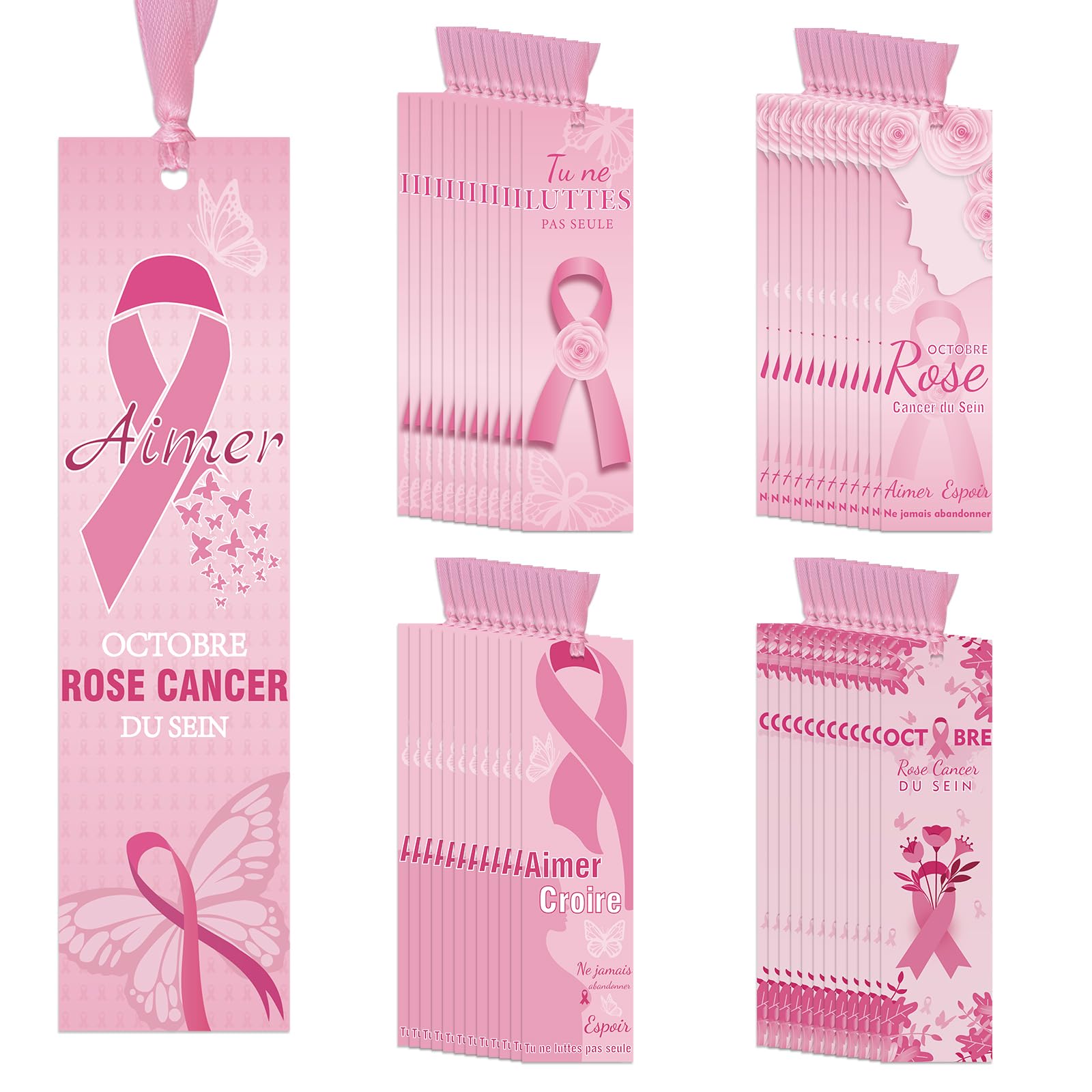 WANDIC 100 PCS Pink Ribbon Bookmarks,18 x 5cm Breast Cancer Awareness Page Markers 5 Designs,for Charity Event Reading Accessories Daily Use