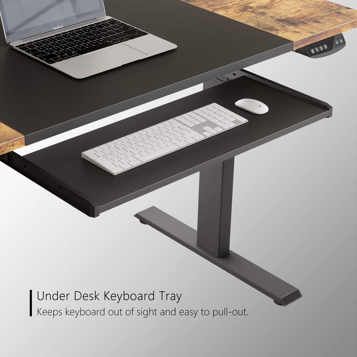 Get Special Price FEZIBO 55-Inch Dual Motor Height Adjustable Electric Standing Desk with Keyboard Tray, Sit Stand Table with Splice Board, Black Frame/Black and Rustic Brown Top