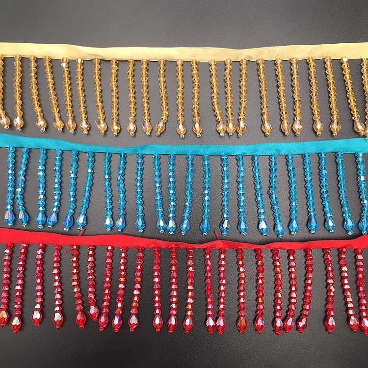 2 Yards Handmade Beaded Hanging Tassel Fringe Trim, Crystal Beads Tassel Fringing Trimmings for Sewing Craft Clothing Accessories (Sky Blue)