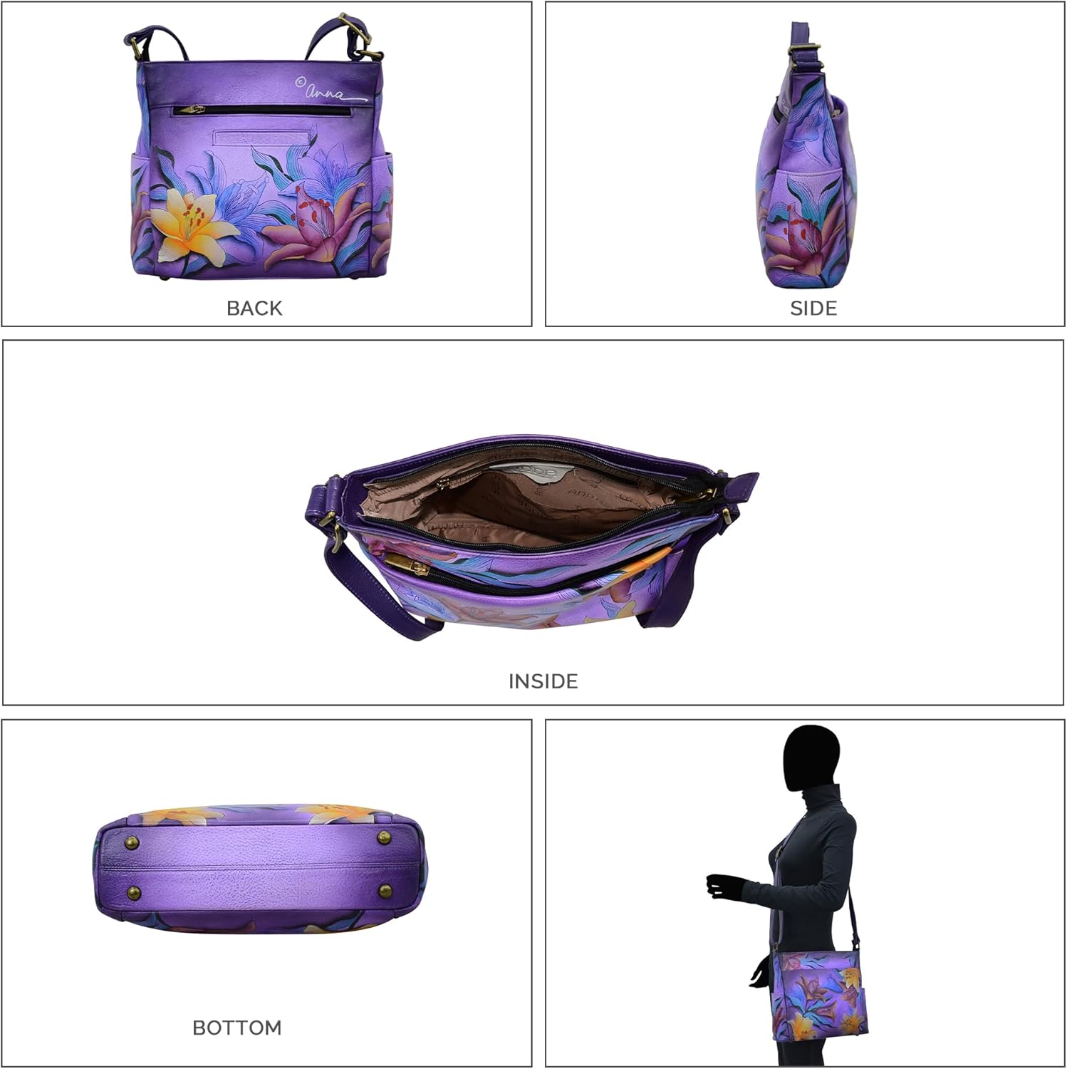 Anna by Anuschka Women's Hand-Painted Genuine Leather Crossbody with Side Pockets - Image 4