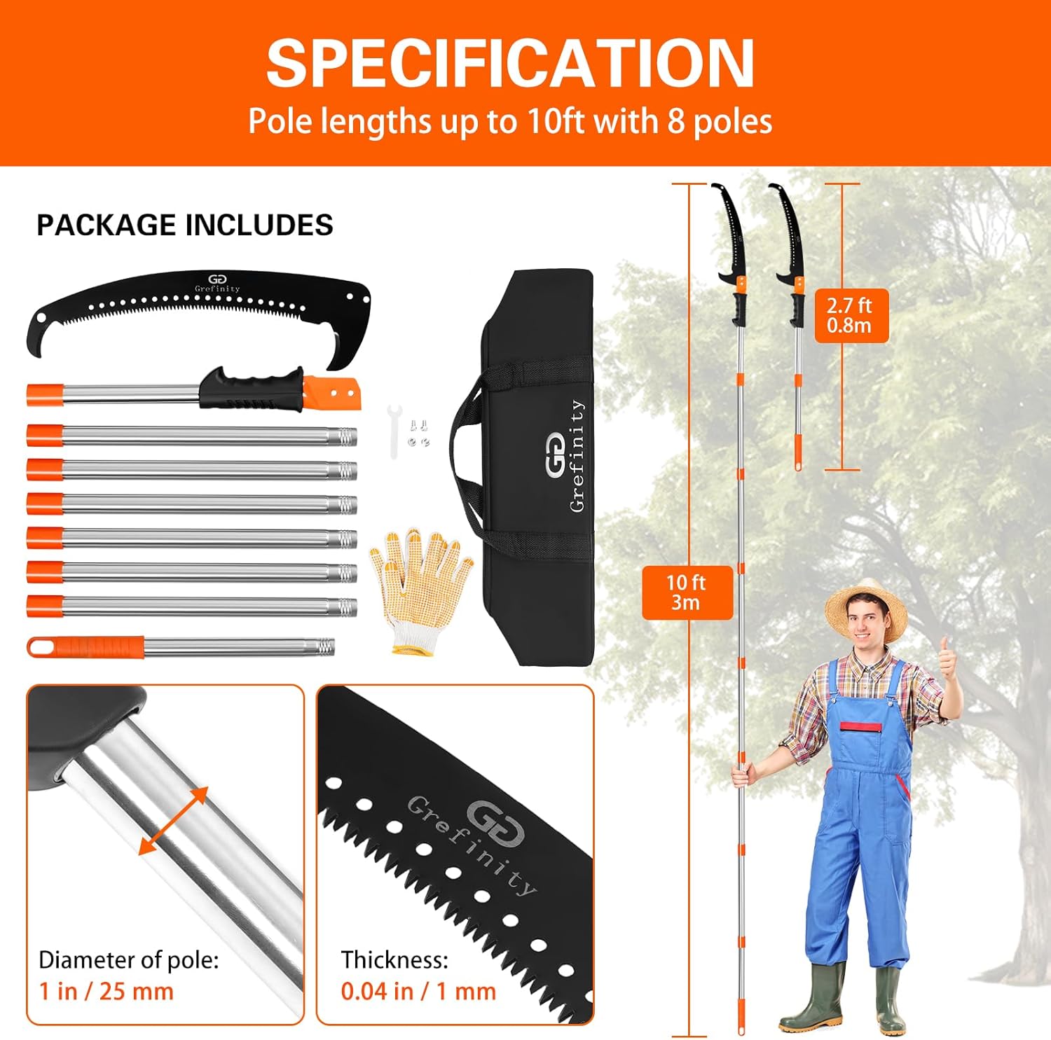 Grefinity Manual Pole Saw for Tree Trimming, 10 FT Pruning Saw with 6-Section Stainless Steel Handle, Sharp steel Blade, Easy to Carry and Lightweight Extendable Design for Garden & Tree Maintenance