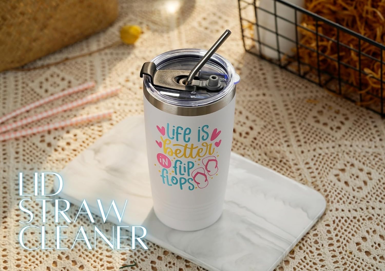 Onebttl Flip Flop Themed Summer Gifts for Women 20oz Stainless Steel Tumbler Beach Lover Gifts for Friend Graduation Gifts for Her Christmas Gifts - Image 4