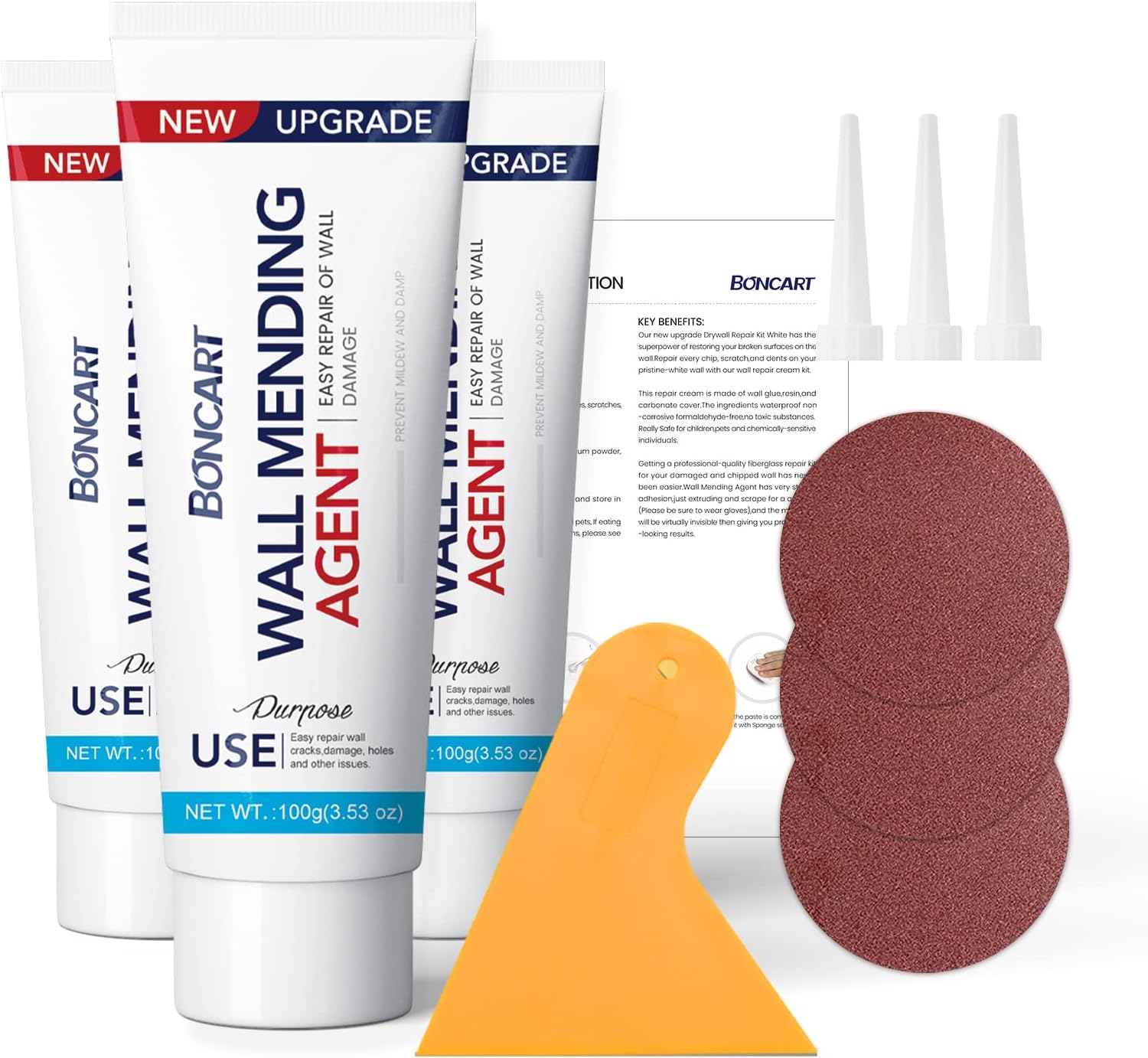 BONCART Drywall Repair Kit, Spackle Wall Repair Kit, 3 Pack Wall Mending Agent Putty, Wall Repair Paste Plaster for Wall Crack/Nail Hole, Wall Hole Filler with Scraper/Sandpaper