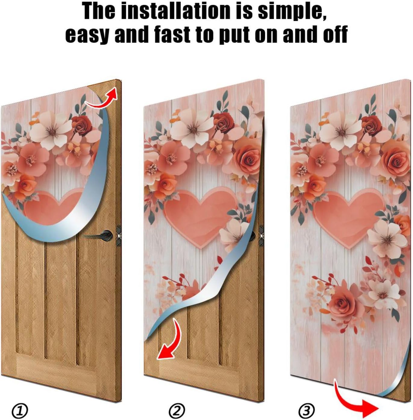 Burbuja Valentine Flower Heart Door Cover, Stretch Fabric Backdrop Door Porch Covers for Home Party Holidays Decoration, 35x79 In