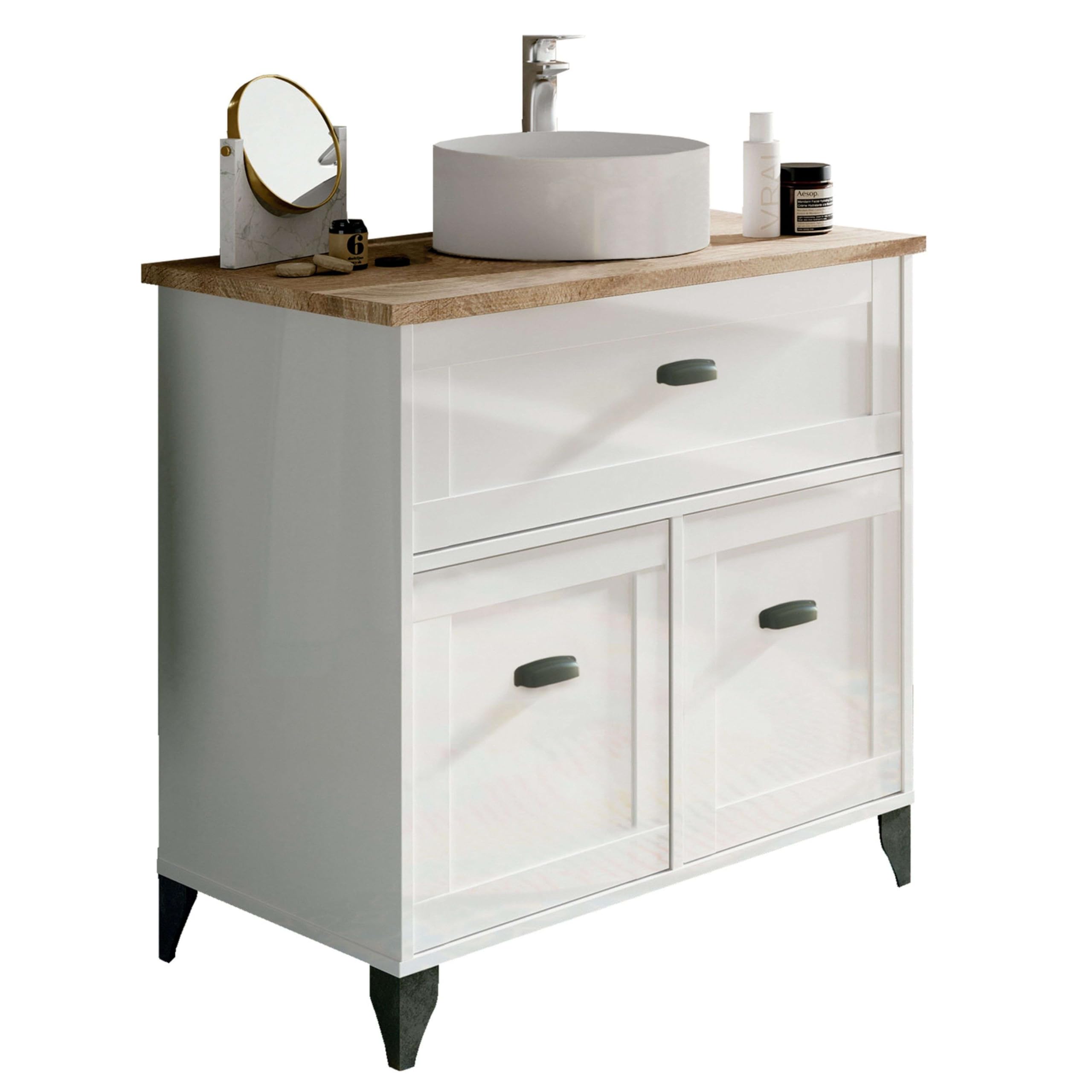 MUEBLES PITARCH | Mueble de Baño 80cm Ancho con Patas, Cajón guías Cierre Suave, 2 Puertas, para Lavabo de sobreponer, Blanco y Roble Cambrian, Estilo Vintage Modelo Toscana
