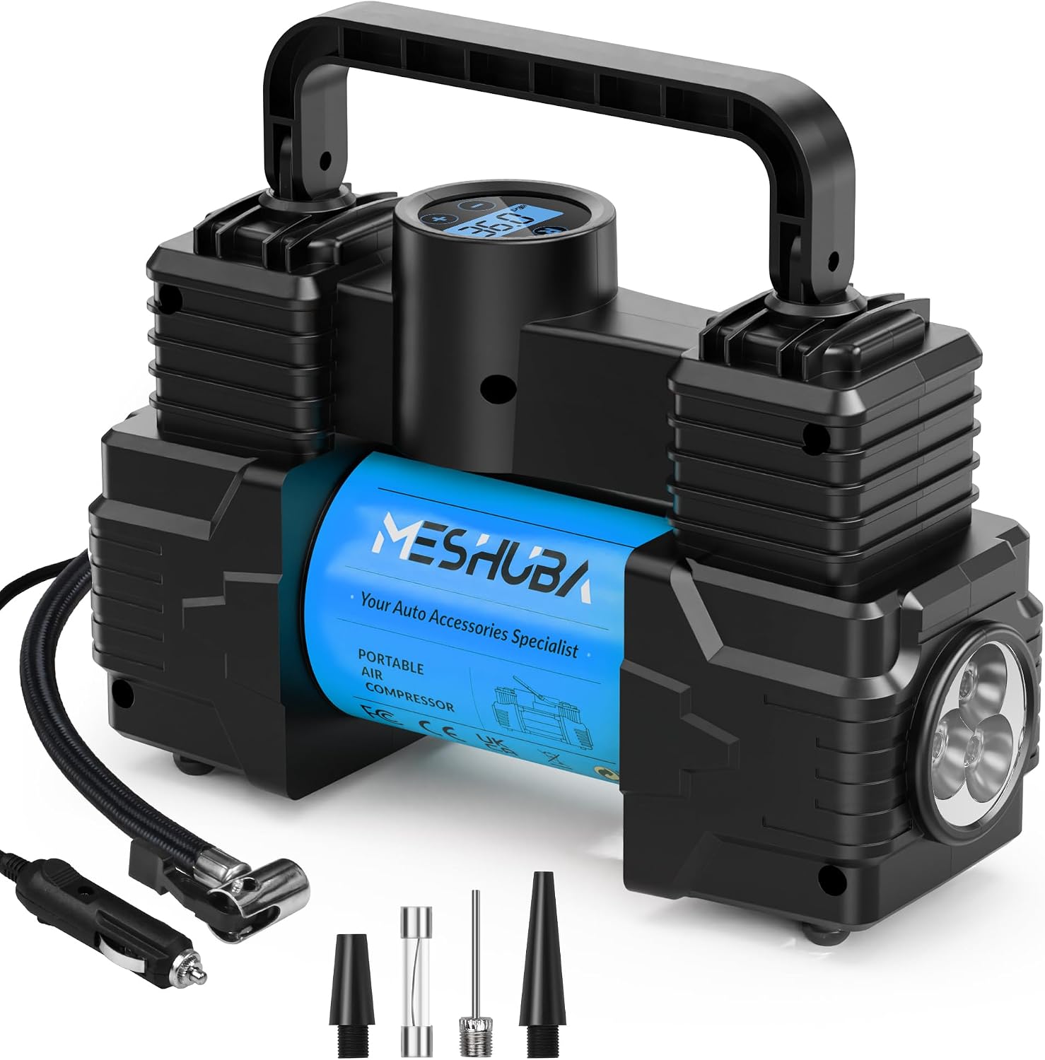 Tire Inflator Portable Air Compressor Air Pump Car Accessories 12V DC Auto Pump Emergency LED Light for Bicycle Balloons (Blue, Digital Display)