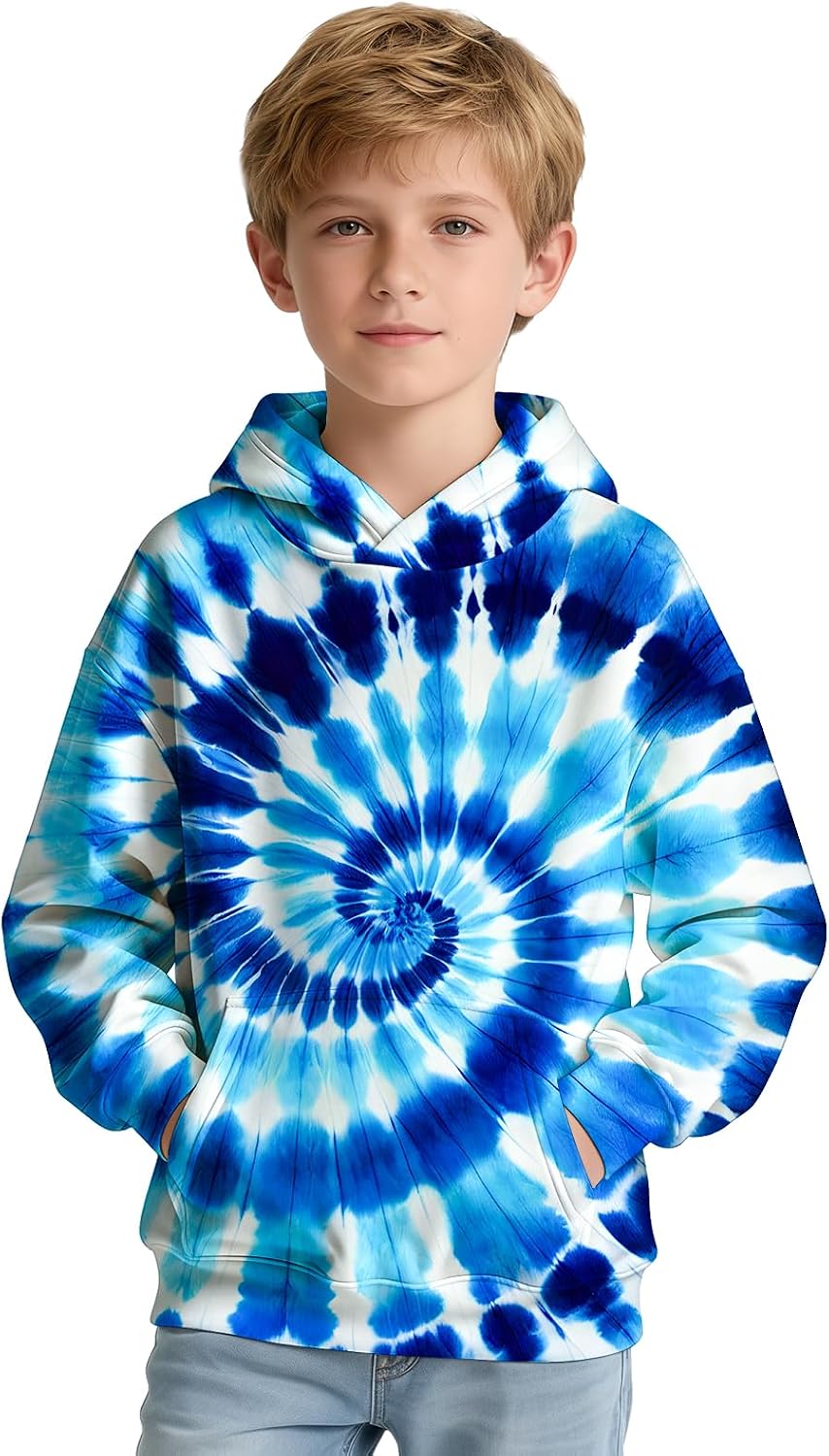 Kids Tie Dye Hoodie Sweatshirt Hooded Kangaroo Pocket Pullover Hoodies for Boys Girls