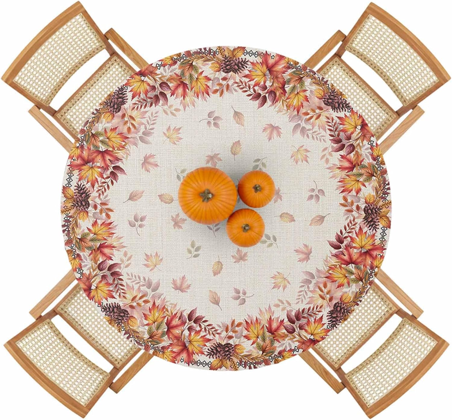 Elastic Edged Waterproof Tablecloth Fall Fit Round Tablecloths Maple Leaves Wipeable Picnic Table Cover for Thanksgiving Dinner Holiday Autumn Patio Fitted Table Cover up to 36"- 44" Round Tables