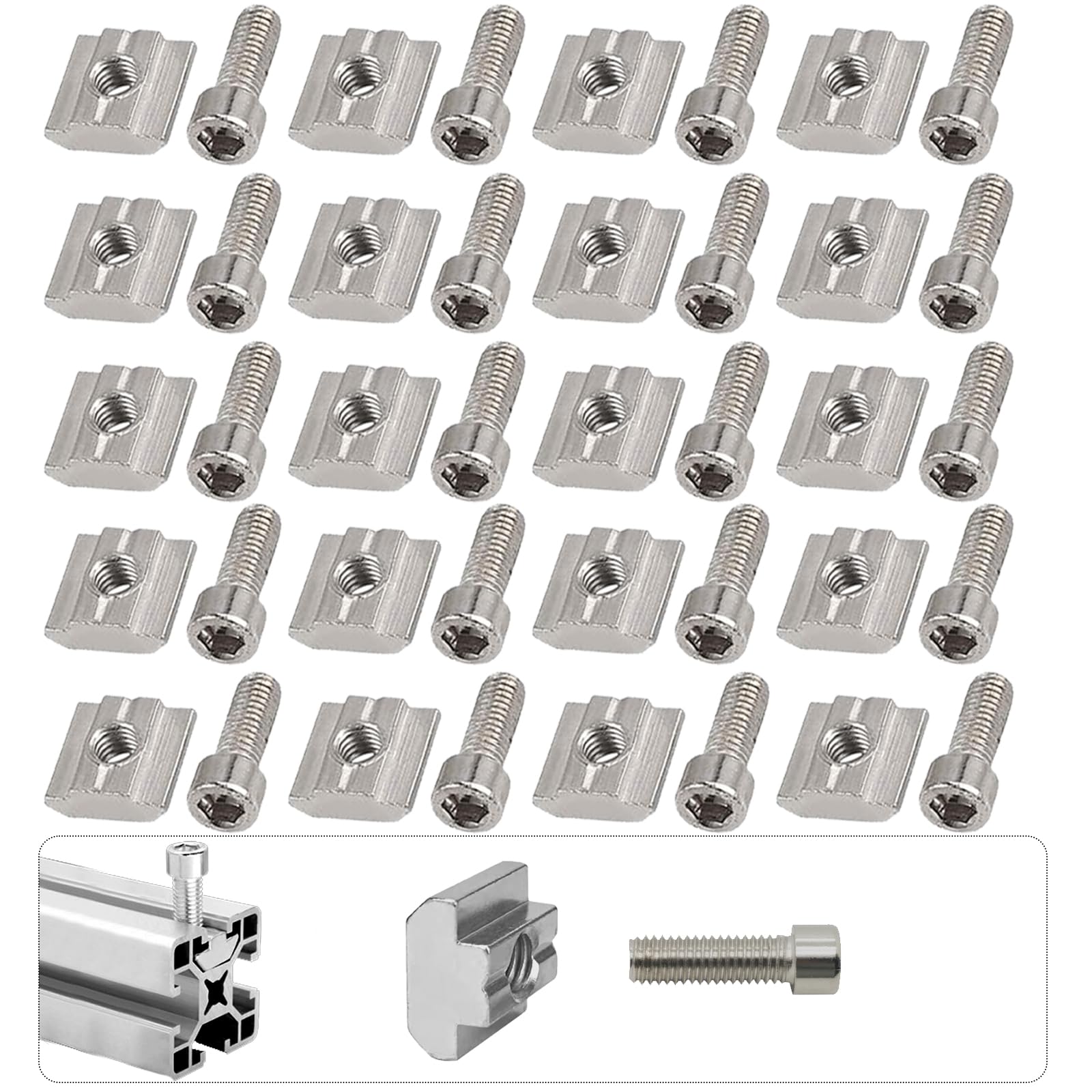 40 Pcs/20 Sets Roll-in Spring T-Nuts, T-Slot Bolts and Nuts, Metal Profile T Slot Nuts and Bolts, T Track T Nuts and Bolts for 2020 Aluminum Profile (20 Series,M5)