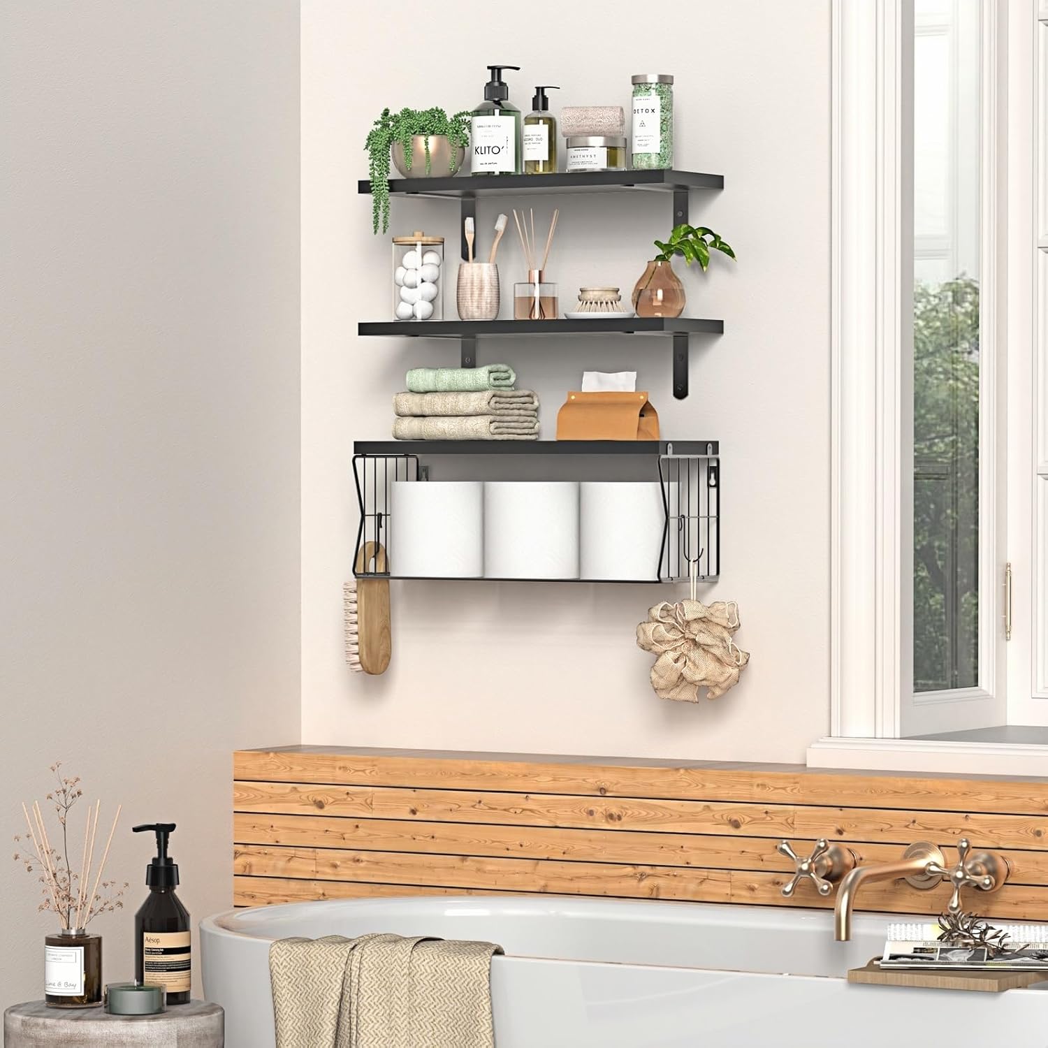 Floating Bathroom Shelves Wall Mounted - Wooden Shelf Set of 3 for Over Toilet Storage & Farmhouse Bathroom Decor - Perfect Shelving Organizer for Apartments RVs Powder Room Restroom - Rustic