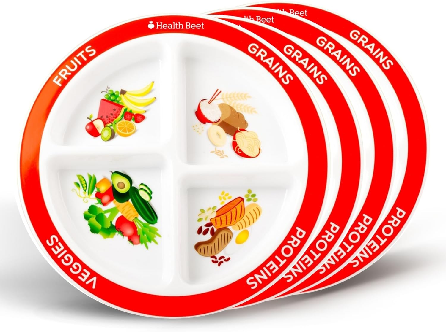 Health Beet MyPlate Portion Control Plate – 4 Divided Sections for Fruit Grains Veggies Proteins - Dishwasher & Microwave Safe Sectioned Plates for Health Education (Set of 4)