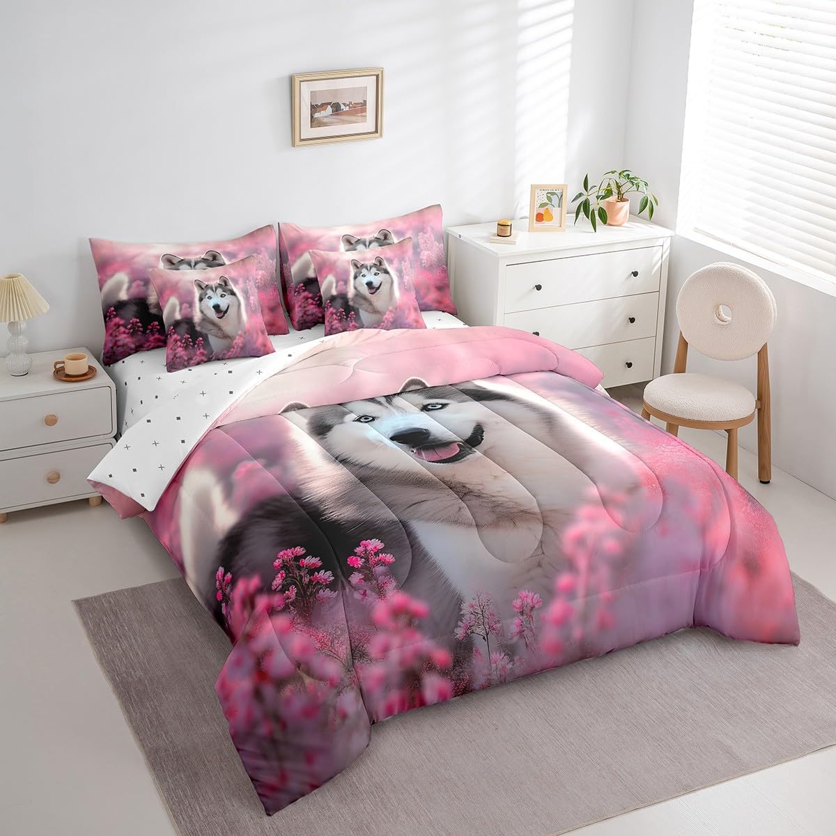 Erosebridal Husky Bed in a Bag Queen Comforter Set 7 Piece,Pink Garden Flowers Bedding Sets Cute Dog Animal Sheet Set with Comforter