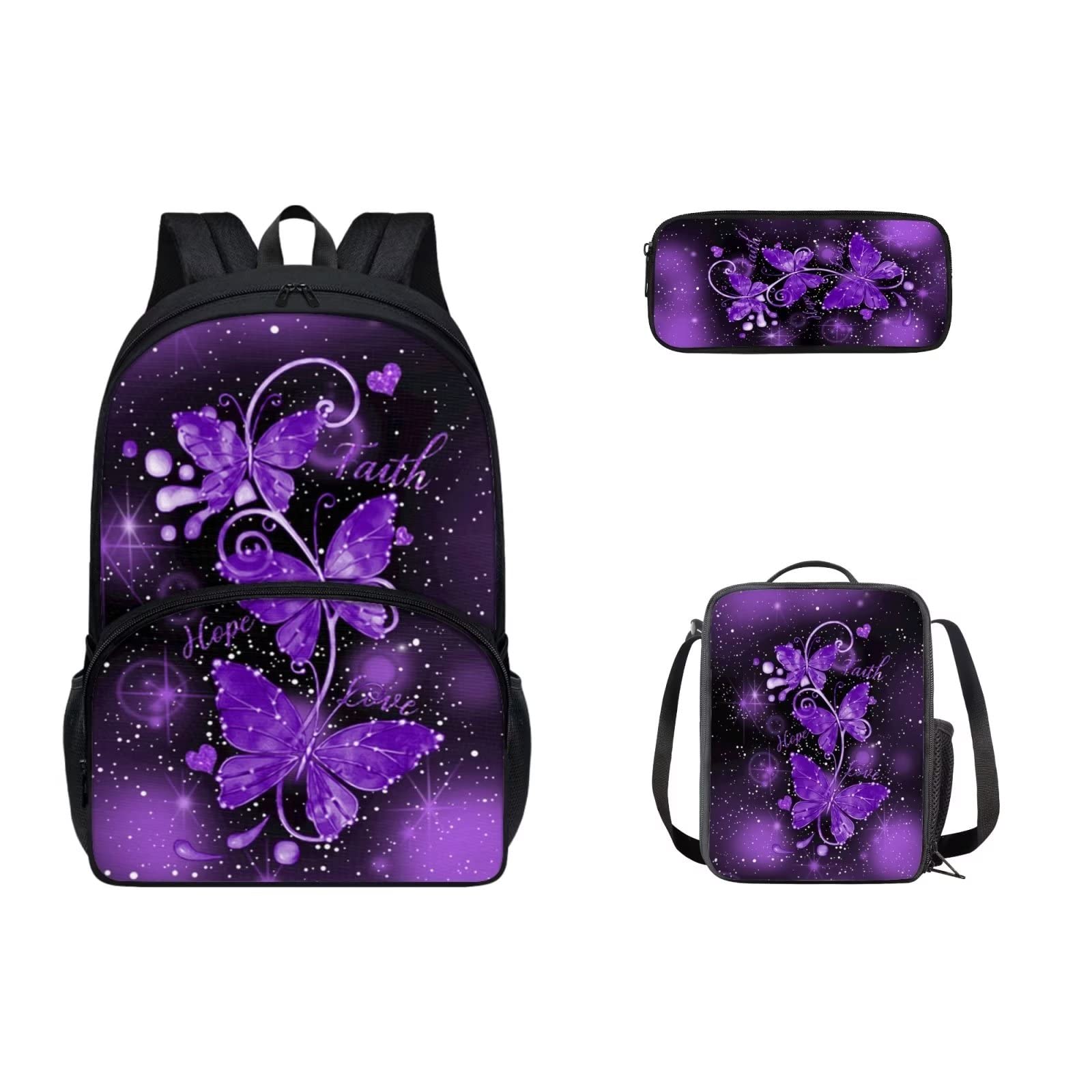 CozeyatKids Backpack 3-Piece for Boys Girls Lightweight School Bag with Lunch Box and Pencil Bag Bookbag for Back to School, Purple Butterfly, One Size, Daypack Backpacks
