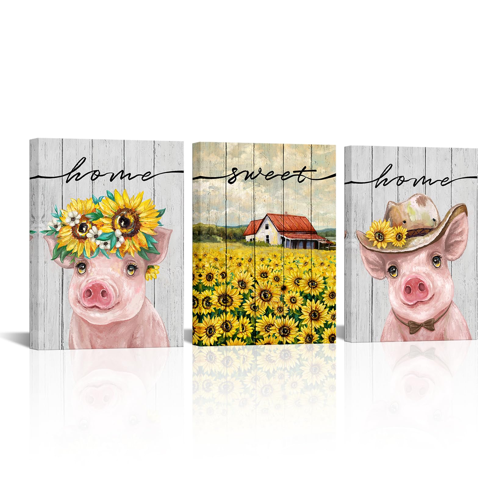 RnnJoile Farmhouse Pictures Pig and Sunflower Canvas Wall Art Home Sweet Home Sign Painting Wall Decor Framed 12"x16"x3pcs