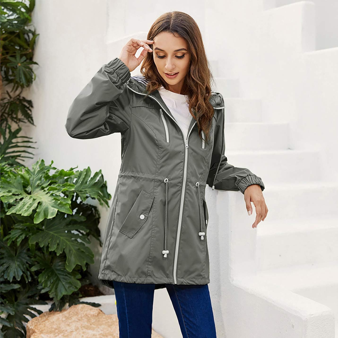 Flygo Women's Waterproof Lightweight Rain Jackets Zipper Hoodie Raincoat with Pockets