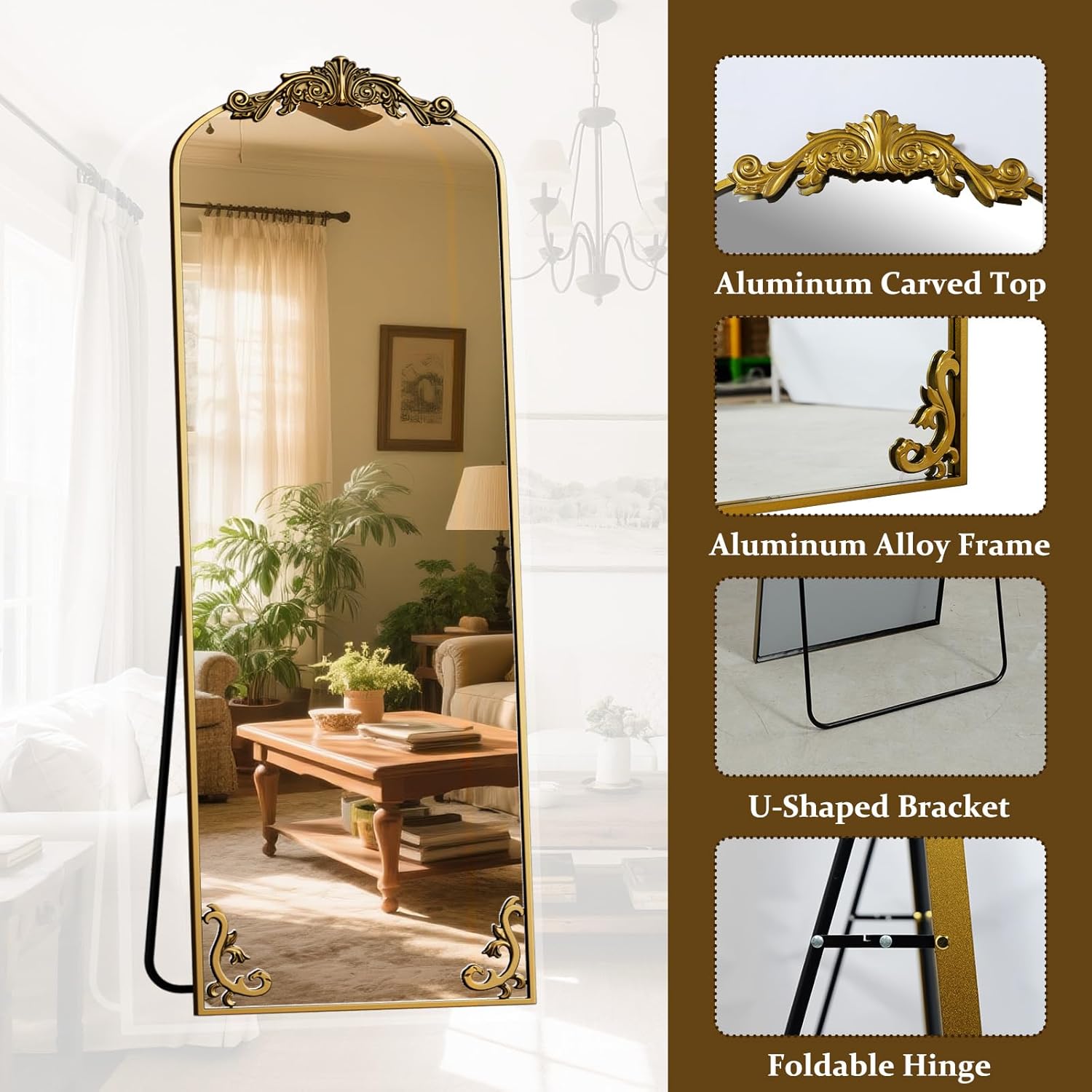 21"x 64" Arched Full Length Mirror, Freestanding Floor Mirror with Carved Metal Frame & Bottom Art Carved, Gold Full Body Mirror for HomeDecor, Halling Wall Mirror with Vintage Ornate Carved Accents