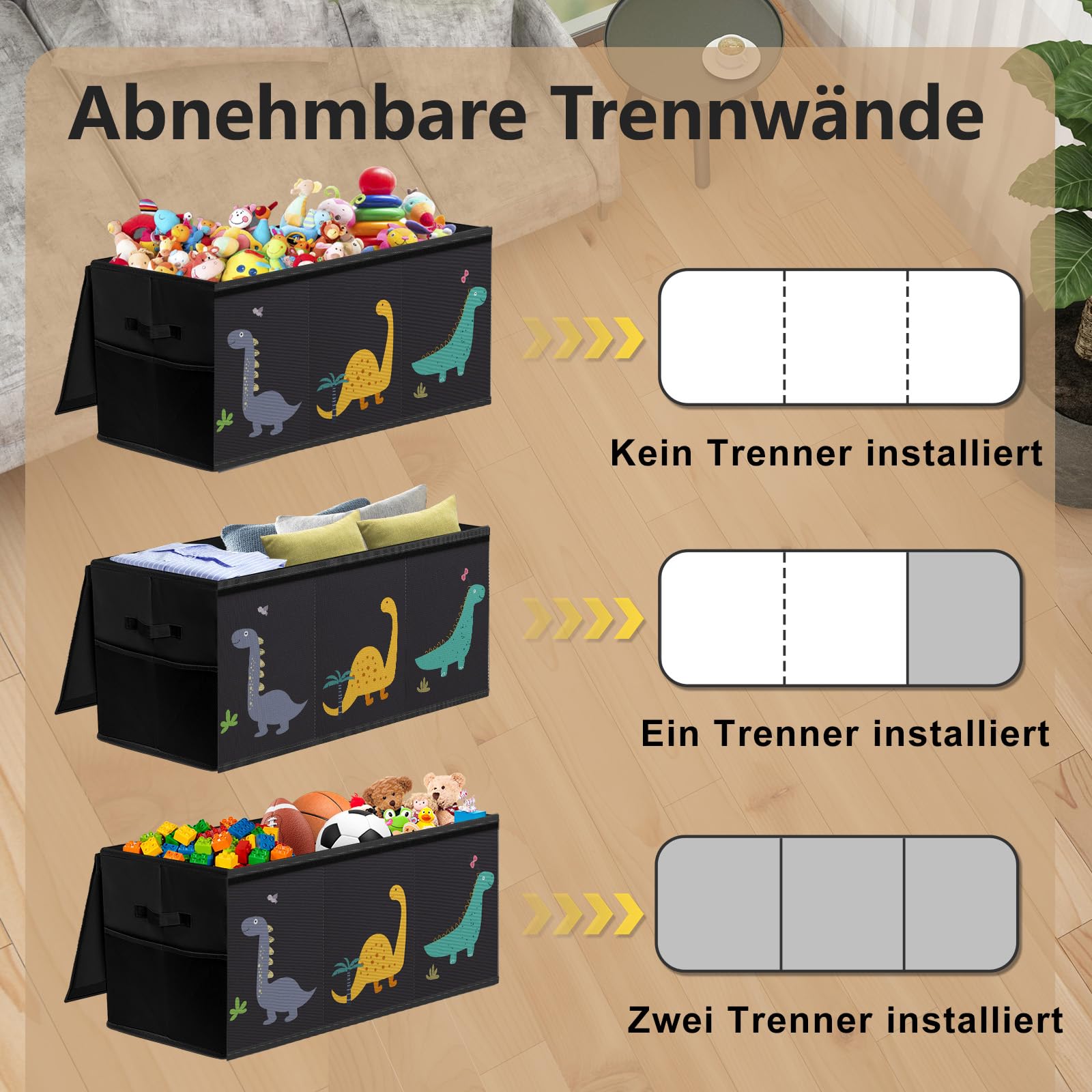 Caja de juguetes con tapa, para habitación infantil, tamaño extragrande, plegable, con asas, separador, para ropa de habitación infantil, color negro