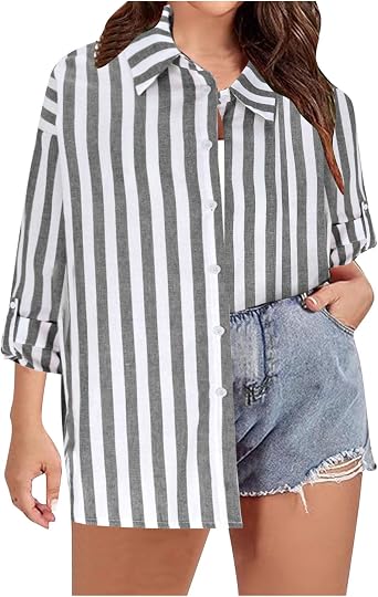 Women Striped Button Down Shirts Long Sleeve Guaze Shirt Cotton Linen Blouses Tops Dressy Work Casual Trendy Clothes
