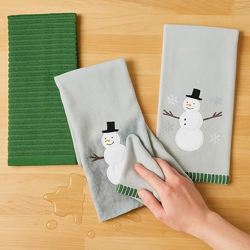 Vista 29 de Serafina Home Toallas de cocina navideñas navideñas: dos muñecos de nieve Be Jolly espiga y un muñeco de nieve bailarín, 3 piezas, tejido plano 100%