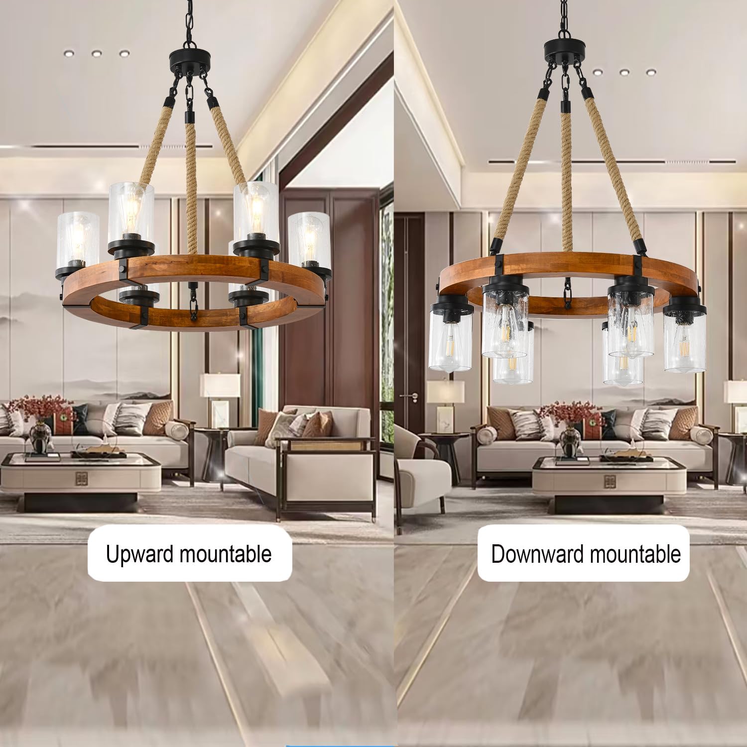 6-Light Wagon Wheel Chandelier Round Wooden Chandelier Light Fixture with Seeded Glass Shade Rustic Farmhouse Pendant for Dining Room Kitchen and Entryway