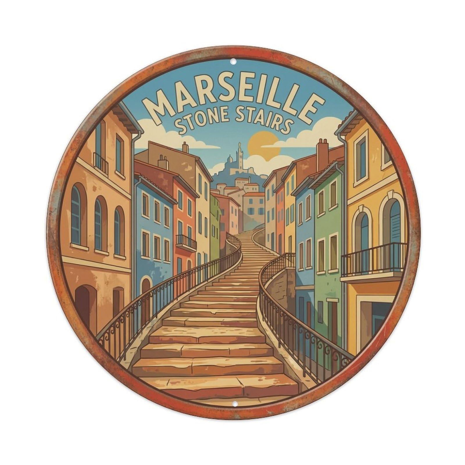 Stone Stairs Marseille Seaside Landscape Metal Tin Sign