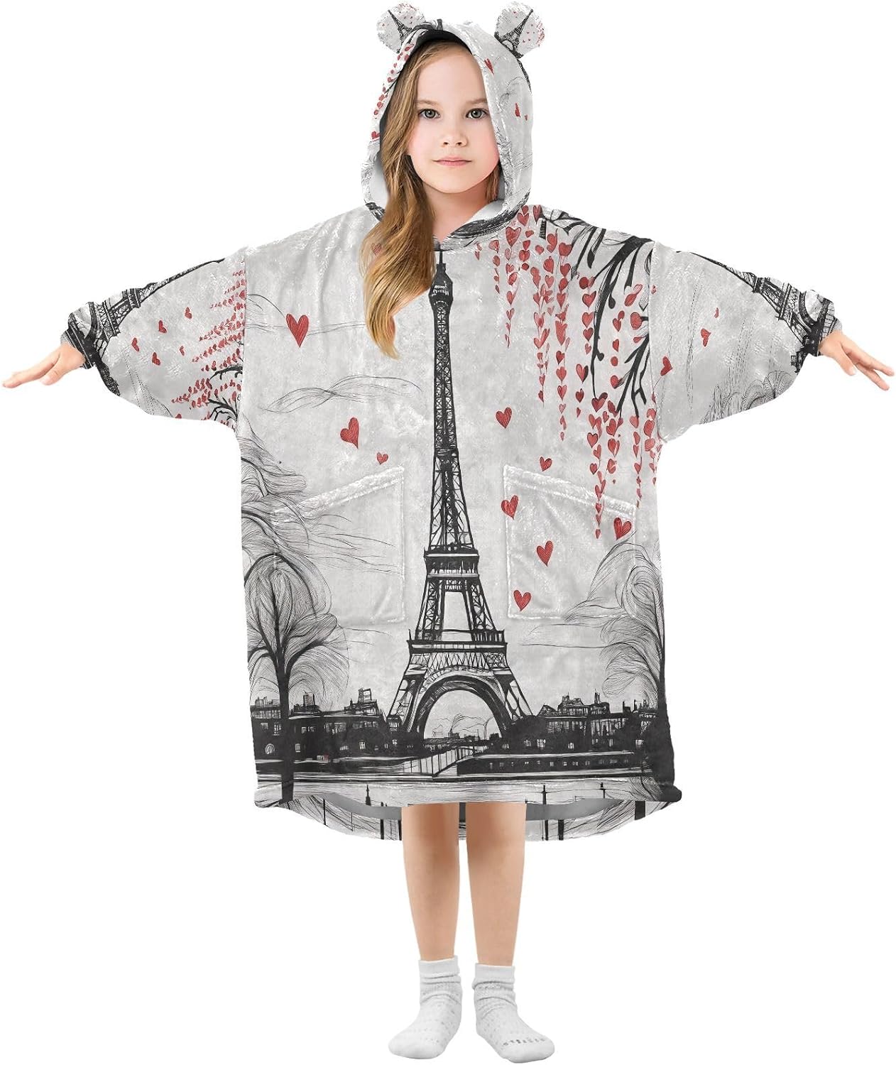 Kigai Eiffel Tower Wearable Blanket Hoodie for Kids Oversized Hooded Blanket Warm & Cozy Sweatshirt with Pockets