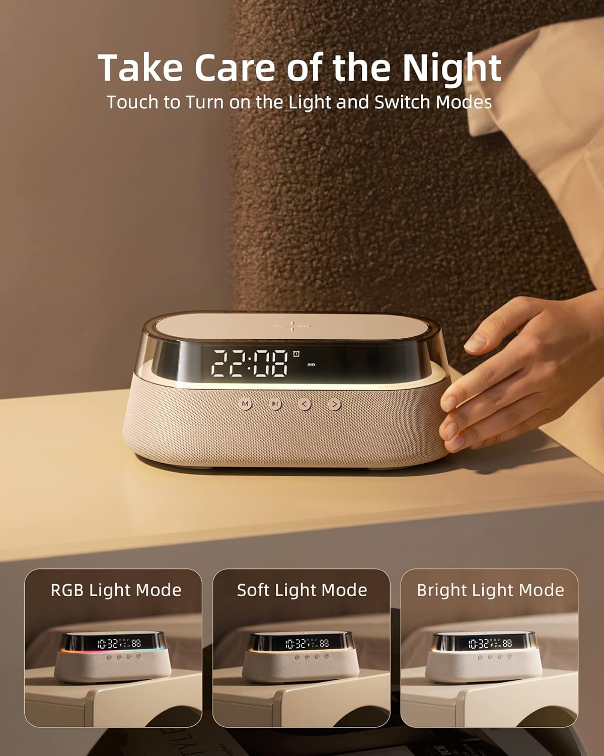 EZVALO Digital Alarm Clock showing different night light modes: RGB, Soft, and Bright.