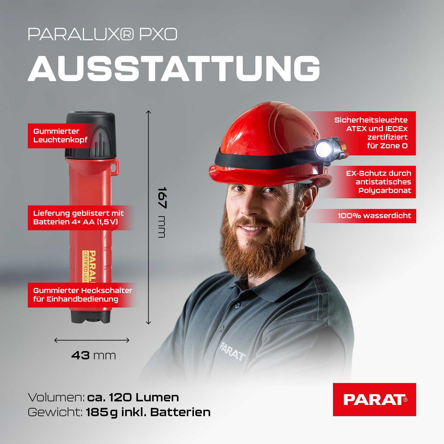 Parat 6.901.152.155 - Torcia a LED PX1 ad alte prestazioni, plastica conduttiva, certificata ATEX e StaubEx