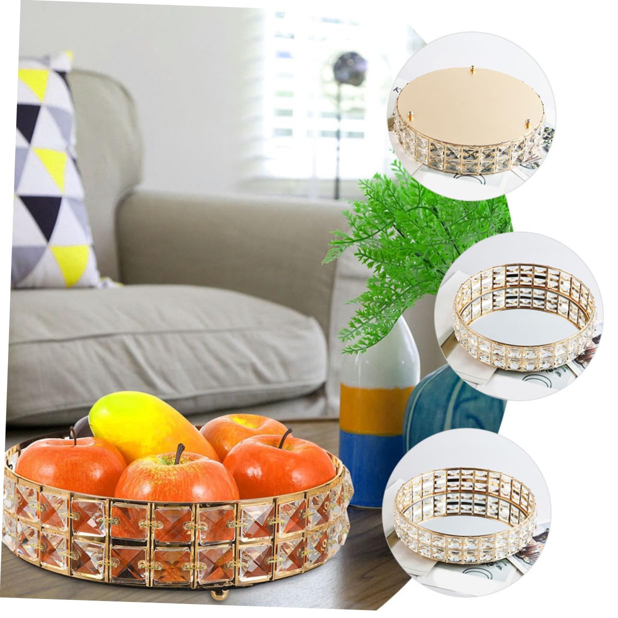 Sewroro Bandeja Decorativa Redonda Dorada para Decoración del Hogar, Espejo y Hierro, Almacenamiento para Joyas y Maquillaje, Diseño Moderno y Delicado