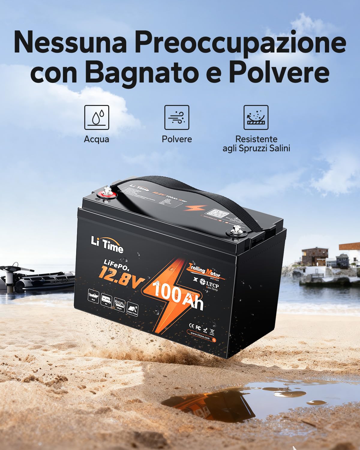 LiTime Batteria al Litio 12V 100Ah per Barche, Batteria LiFePO4 con Protezione Bassa Temperatura, 4000-15000 Cicli Profondi, Energia 1280Wh, Perfetta per Motori da Traina, Nautico, Yacht