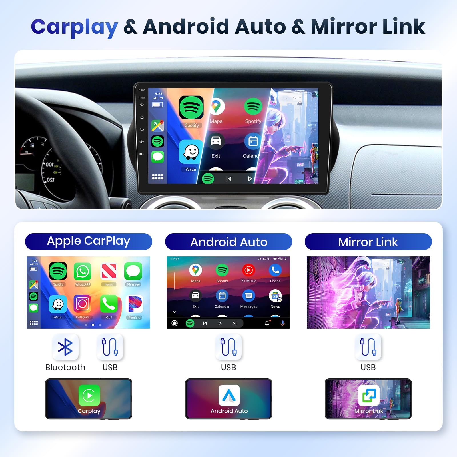 Podofo Autoradio per Citroen Nemo/Peugeot Bipper/Fiat Fiorino Qubo 2008-2017, Schermo tattile da 10,1" 2+64G Carplay Senza fili Android Auto Bluetooth/Link a specchio/GPS/WiFi/FM+Telecamera posteriore