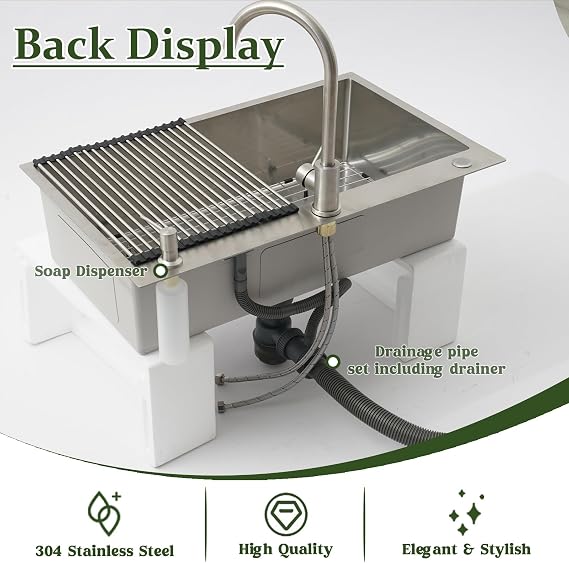 304 Stainless Steel Sink, 1-Basin Inset Sink, Brushed Kitchen Sink, Large Basin, 70x50 cm Depth, Handmade, Multifunctional Sink, With Trap, Drain Fitting