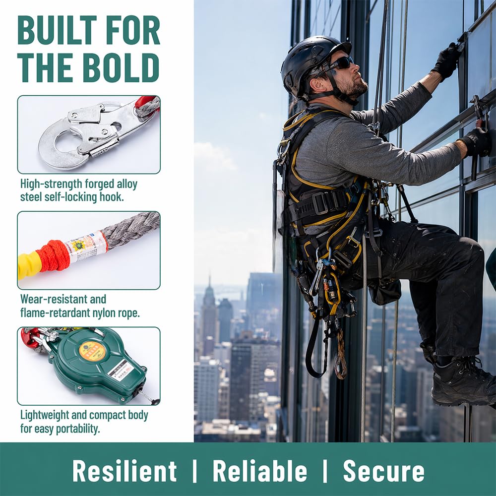 Antichute a Rappel Automatique 10M, 150 kg Harnais de Securite Anti Chute Certifié pour Couvreur Dispositif SéCurité Hauteur Dispositif de sécurité de hauteur avec Fonction Verrouillage