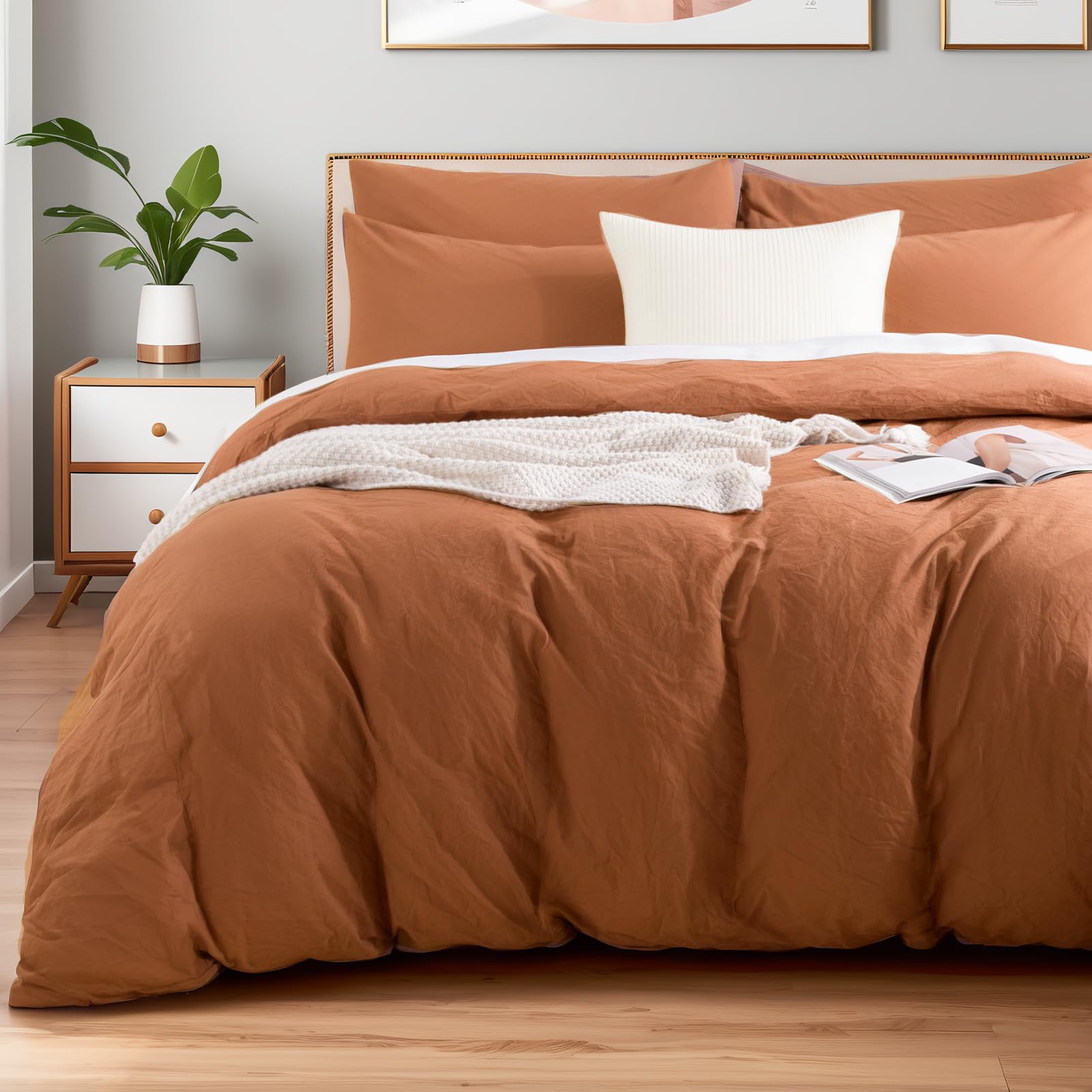 NEXHOME PRO Duvet Cover Set 100% Washed Cotton Full Size Linen Feel Textured Organic Natural 3 Pieces Bedding Set Terracotta Burnt Orange with Zipper Closure, Corner Ties Breathable (No Comforter)