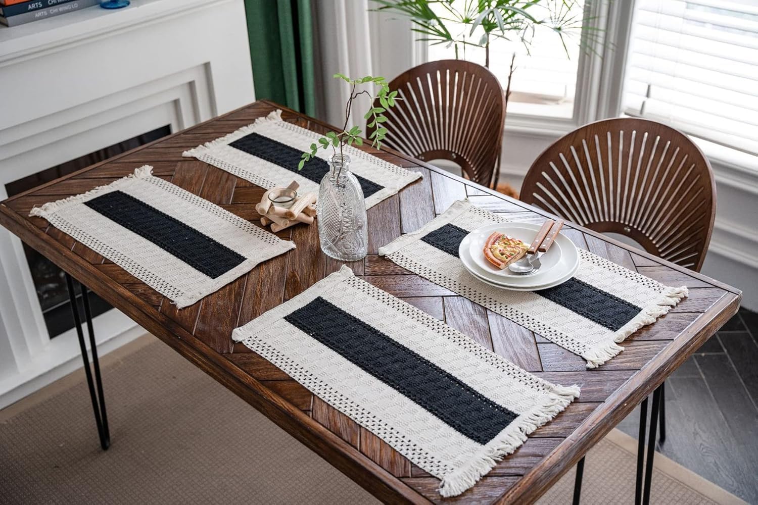 Rectangular Placemats Set of 4,Cotton Linen Fabric Placemats,Black Weave Stripes Pattern,Decorate The Living Room and Dining Table,12'' x 20''(30 x 50 cm)(Gray,12'' x 20''(Set of 8))