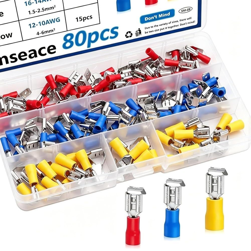 Aundhegrtt Women's As Shown 80Pcs Semi-Insulated Piggyback Spade Connectors Quick Disconnect Piggyback Spade Assortment Kit /Male Cable Crimp Terminals