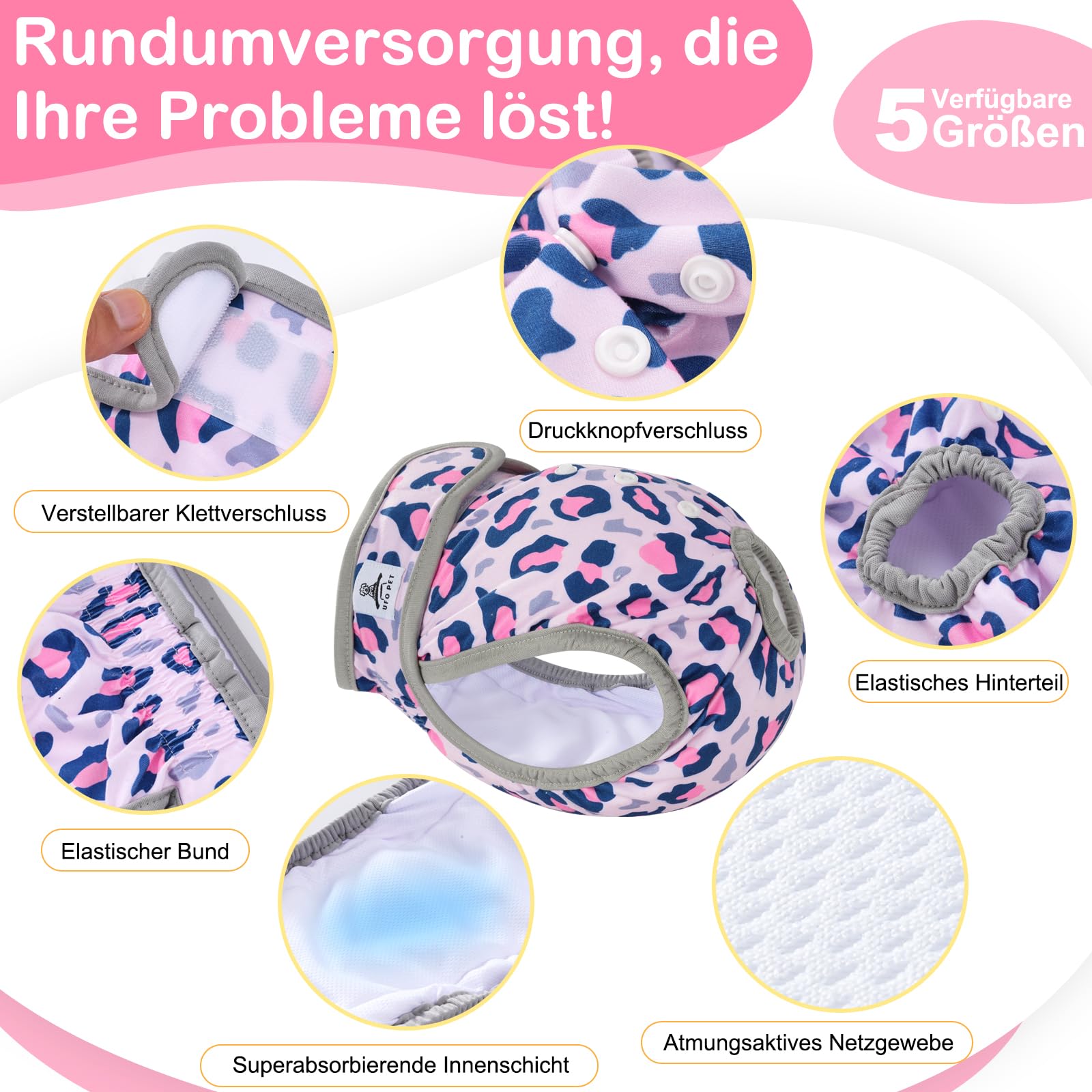 Wiederverwendbare Hunde Windeln Weiblich, Läufigkeitshose für Hündinnen M (3 Stück), Hochsaugfähige Hundewindeln für Hündinnen mit Starkem und Flexiblem Verschluss - Leopardenmuster