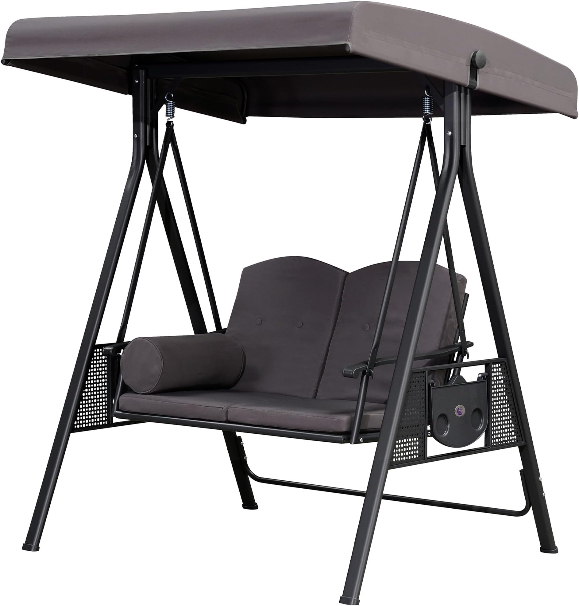 - PURPLE LEAF Outdoor Patio Porch Swing with Stand, 2-seat Swing Chair with Adjustable Tilt Canopy All-Weather Steel Frame for Backyard Front Porch Lawn, Cushions and Pillow Included, Grey