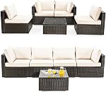 DORTALA Wicker Patio Furniture Set 5 Piece, Outdoor Sectional Couch Sofa Set with Table, Cushions, All Weather Rattan Conversation Set for Balcony, Porch, Backyard, Deck, Red