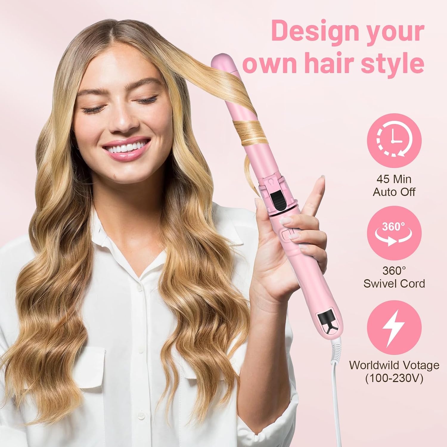 GREEN BREATH Classic Rotating Curling Iron,Automatic Roating Hair Curler,Negative ion Curler,1.1inches(About 28mm) Curling Iron for Long Hair,Beach Waves Hair Curler,Double Voltage,Pink