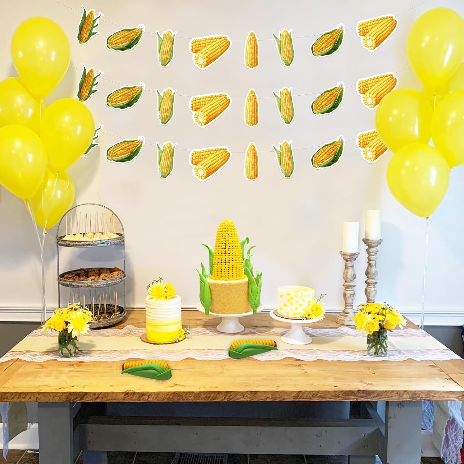 3Pcs Corn Party Garlands, Vegetable Corn Theme Banner, Birthday Baby Shower Gender Reveal Wedding Indoor Outdoor Hanging Decorations Wall Decor Supplies