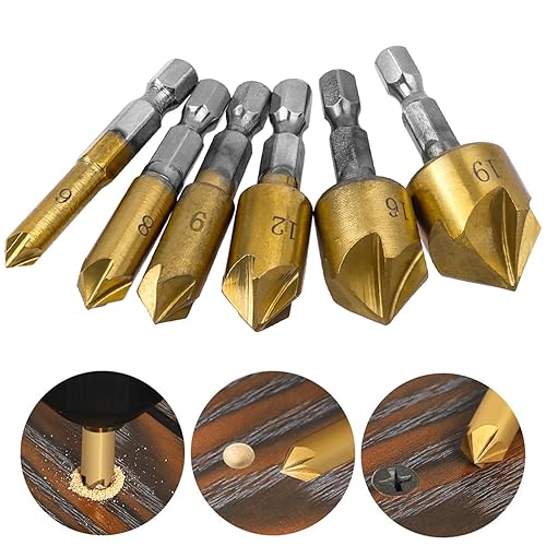 Miniatura 4 de Mesee Juego de 6 brocas avellanadoras con vástago hexagonal de 14 de pulgada, 5 flautas, brocas biseladoras de 82 grados, recubiertas de titanio,