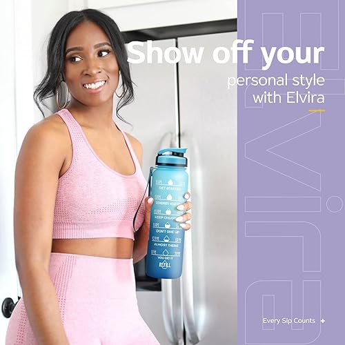 Miniatura 6 de Elvira - Botella grande de 32 onzas para agua, con marcador de tiempo motivacional y colador extraíble, flujo rápido, sin BPA, no tóxico, para