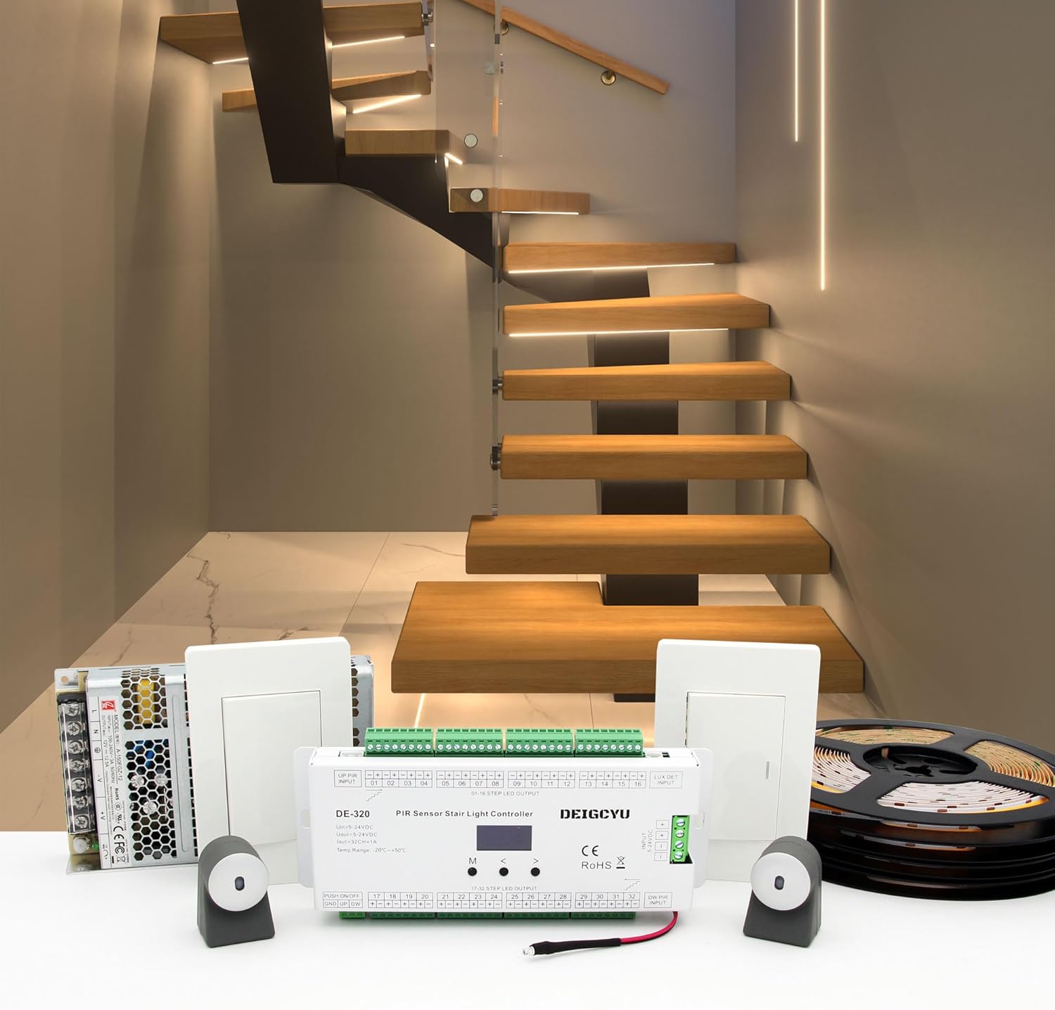 Motion-Activated LED Stair Lighting Kit DE-320, 42" Cuttable Strip Light for Indoor Floating Mono Stringer & Cantilever Stairs (Warm White 3000K,16 Steps)