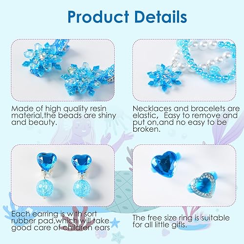 Miniatura 5 de Juego de joyas de sirena para niñas, collar de sirena, pulsera, aretes, lazo para el pelo, disfraz de princesa, accesorios de vestir