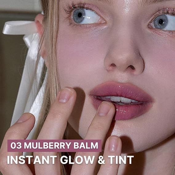 AOU GLOWY TINT BALM x Lip Brush - 03 Mulberry Balm x Pencil Brush | Tinted Lip Balm, Natural Gloss, Instant Hydration for Chapped Lips, Compact & Retractable Pencil Brush for Easy Carry & Pointed Tips