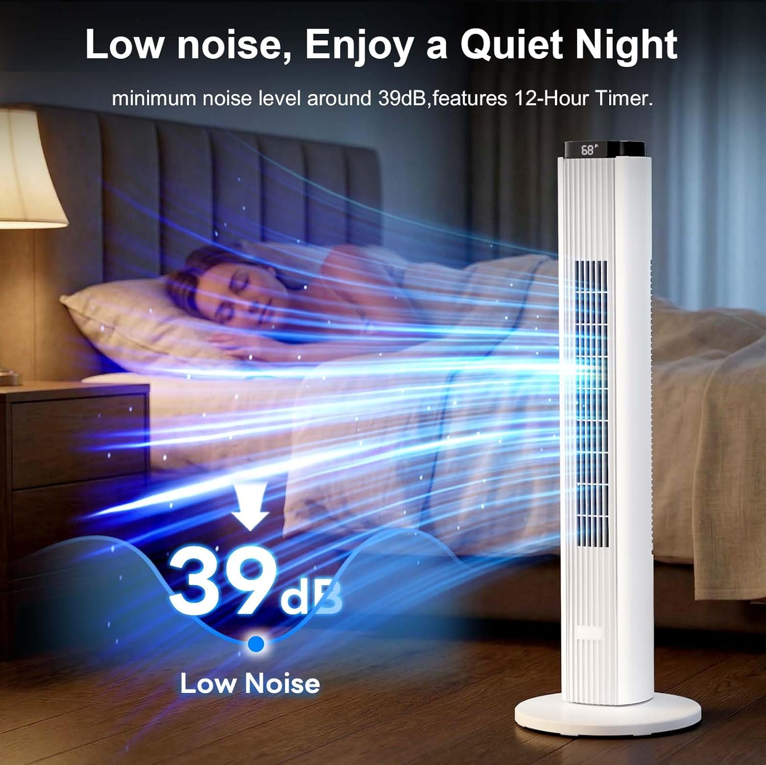 Antarctic Star 37-Inch Bladeless Portable Tower Fan 80°Oscillating,Quiet Cooling with 12H Timer Remote Control, 6 Speed, 4 Modes, LED Display,Standing Fan Powerful for Bedroom Office Dorm, White